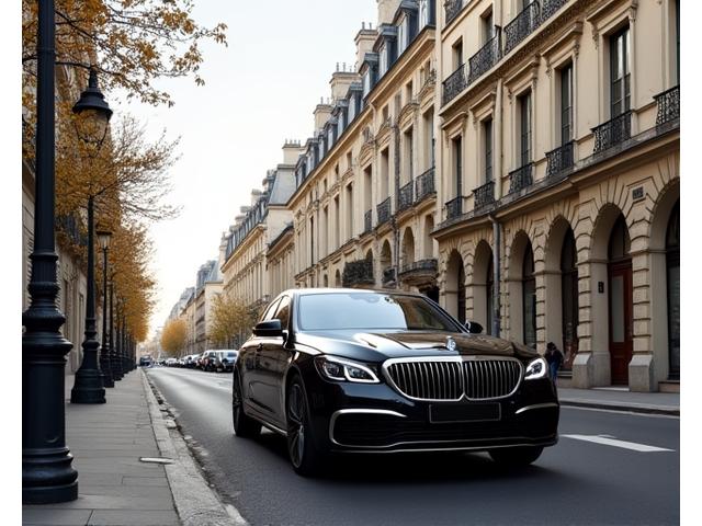 Vue d'une rue parisienne élégante avec une voiture de luxe en arrière-plan.